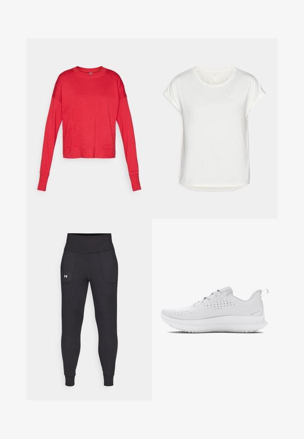 Czerwony sweter z długim rękawem i okrągłym dekoltem, wykonany z miękkiej tkaniny, z raglanowymi rękawami, płaskimi szwami i luźnym krojem. Brak widocznej marki.; Biała koszulka z krótkim rękawem, z okrągłym dekoltem, wykonana z gładkiego materiału. Posiada podwinięte rękawy i subtelny detal z logo na klatce piersiowej.; Czarne legginsy sportowe wykonane z elastycznego materiału, z wysokim stanem, bocznymi kieszeniami i dopasowanymi mankietami przy kostkach.; Jasnoszare buty sportowe z teksturowaną cholewką, perforacjami zapewniającymi wentylację oraz gumową podeszwą z wyraźnym wzorem bieżnika.