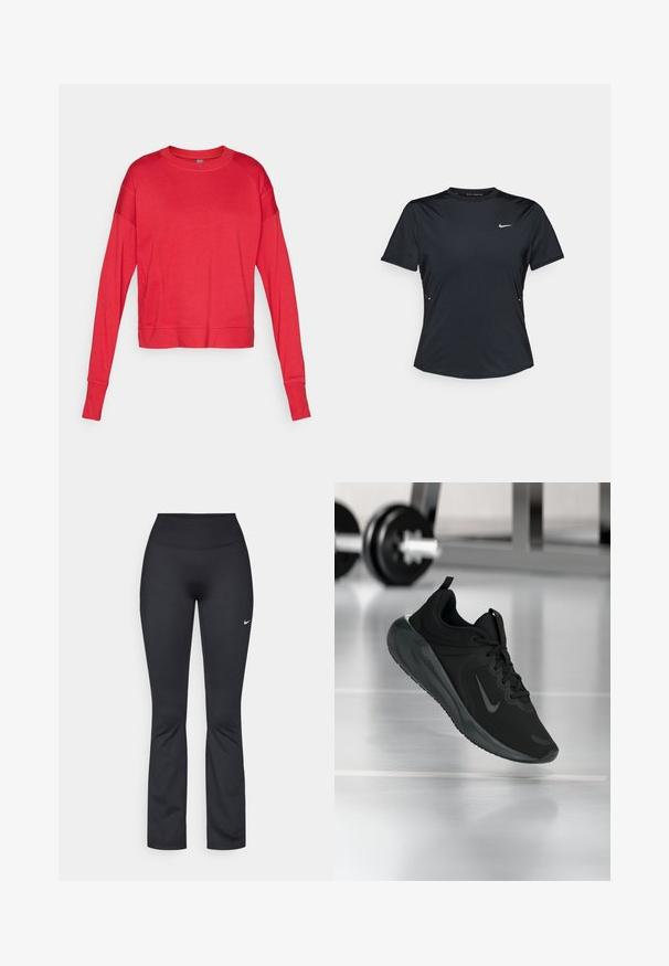 Czerwony sweter z długim rękawem i okrągłym dekoltem, wykonany z miękkiej tkaniny, z raglanowymi rękawami, płaskimi szwami i luźnym krojem. Brak widocznej marki.; Czarna, krótko rękawowa koszulka sportowa wykonana z lekkiego, odprowadzającego wilgoć materiału. Posiada okrągły dekolt i małe białe logo Nike na piersi.; Czarne sportowe legginsy z wysokim paskiem, wykonane z gładkiego, elastycznego materiału. Na lewej udzie znajduje się małe białe logo Nike.; Czarny sportowy sneaker z logo Nike, pokazany w powietrzu na podłodze siłowni, z rozmytym regałem z hantlami w tle.