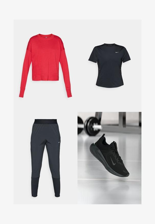 Hanorac roșu cu mânecă lungă tip crewneck, confecționat dintr-un material moale, cu mâneci raglan, cusături plate și o siluetă lejeră. Fără branding vizibil.; Cămașă sportivă neagră cu mânecă scurtă, realizată dintr-un material ușor, care absoarbe umezeala. Dispune de un gât rotund și un mic logo alb Nike pe piept.; Pantaloni sport Nike de culoare gri închis, cu un design cu picior tapered, talie elastică și detalii accentuate lângă manșete.; Tenisii sport negru cu logo-ul Nike, arătați în aer deasupra podelei de sală de sport, cu un suport pentru haltere neclar în fundal.