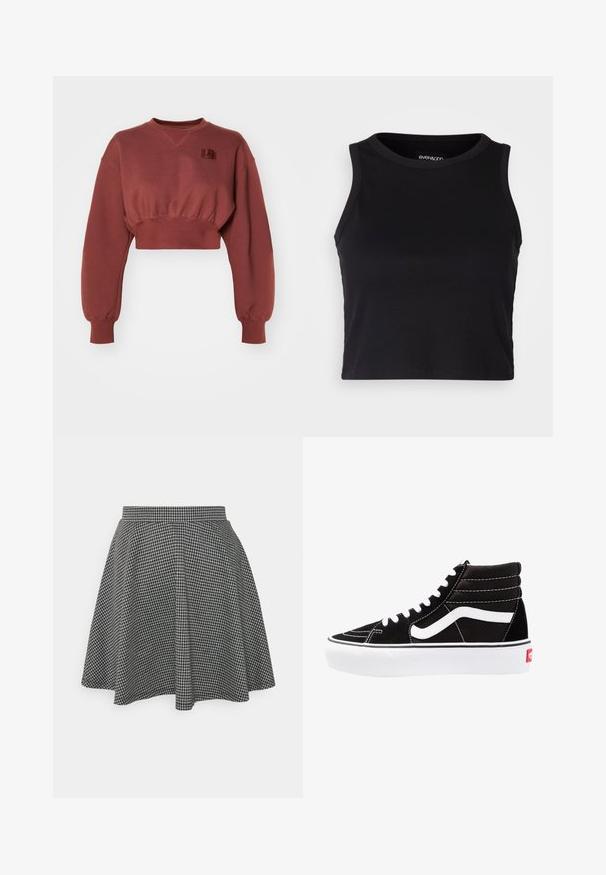 Felpa rossa cropped in misto cotone, con maniche lunghe, spalle abbassate e un piccolo logo ricamato sul petto. Finitura texturizzata.; Top corto a costine nero con scollatura rotonda e design senza maniche. Realizzato in tessuto morbido ed elastico, presenta bordi rifiniti con cura.; Gonna a pallini bianco e nera in stile skater con vita aderente e orlo svasato, realizzata in tessuto testurizzato che presenta un motivo classico.; Scarpe da ginnastica nere alte con lacci bianchi, un logo bianco e cuciture bianche a contrasto. Presentano una suola bianca spessa e una parte superiore in suede textured.