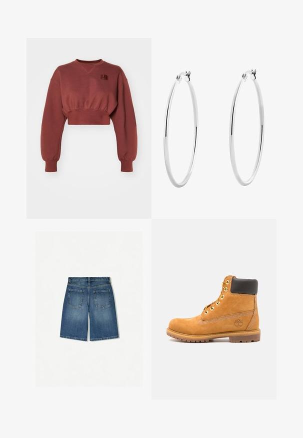 Skraćeni crveni dukserica od mješavine pamuka, sa dugim rukavima, spuštenim ramenima i malim logom na prsima. Teksturna završna obrada.; Traper šorts u srednje plavoj boji s opuštenim krojem, koji sadrže dva stražnja džepa i čistu, ravnu donju ivicu. Klasičan dizajn s pet džepova.; Smeđe kožne gležnjače s crnim podstavama, zlatnim umetkom i teksturiranim potplatom. Imaju kružni logo sa strane i šavove kao naglaske.; Srebrne naušnice u obliku kružnice s glatkom, poliranom površinom i tankim, okruglim oblikom. Dizajn uključuje sigurno kopčanje.