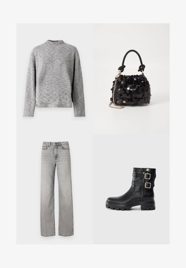 Svetlo siva pletena pulover s visokim ovratnikom, dolgimi rokavi in ležernim krojem. Teksturna tkanina z rahlo pikčasto vzorcem.; Sive traperice širokih nogavica z zmerno pranjeno obdelavo, s klikom za zapiranje, petimi žepi in standardnimi šivnimi detajli.; Črne usnjene gležnarske čevlje z dvojnimi zaponkami, zadrgo, grobim podplatom in gladko teksturo. Imajo trden in stiliziran dizajn.; Črna mini torbica s palčkami iz bleščic, z vozlanim teksturiranim trakom in srebrnima verigama. Okrogla oblika z nabranim vrhom in odsevnimi detajli.