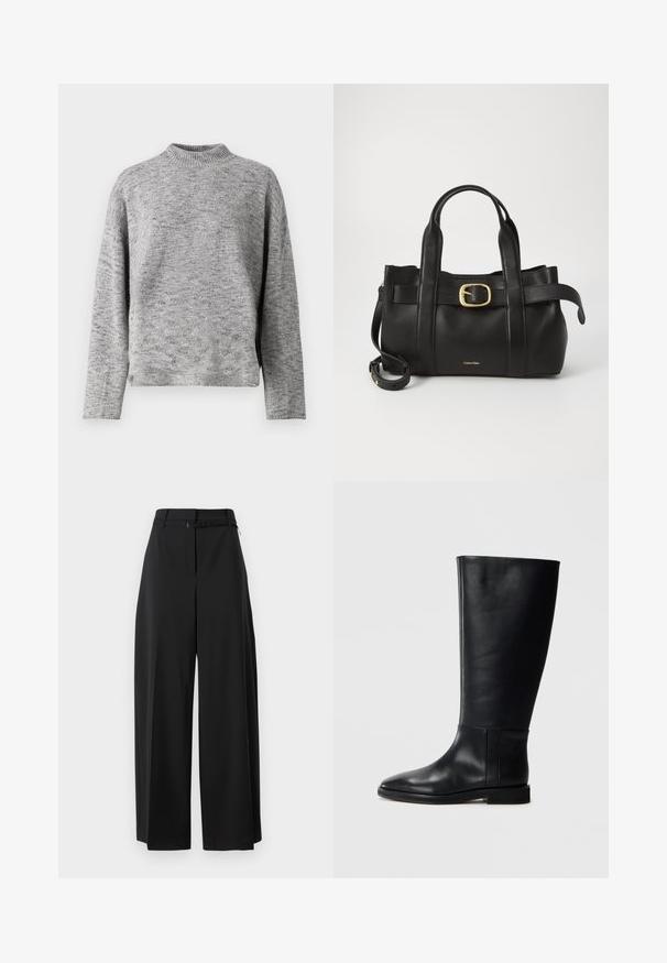Světle šedý pletený svetr s vysokým límcem, dlouhými rukávy a uvolněným střihem. Texturovaná tkanina s jemně tečkovaným vzorem.; Černé kalhoty s širokými nohavicemi a vysokým pasem, se zdobením páskem. Mají hladkou texturu a čisté linie, navrženy pro pohodlný střih.; Černá kožená vysoká bota s kulatou špičkou, hladkou texturou, minimalistickým designem a plochou podrážkou. Jednoduché švy na holeně.; Černá kožená kabelka s upraveným designem, dvojitými vrchními madly, pozlaceným přezkovým akcentem a vyraženým logem značky na přední straně.