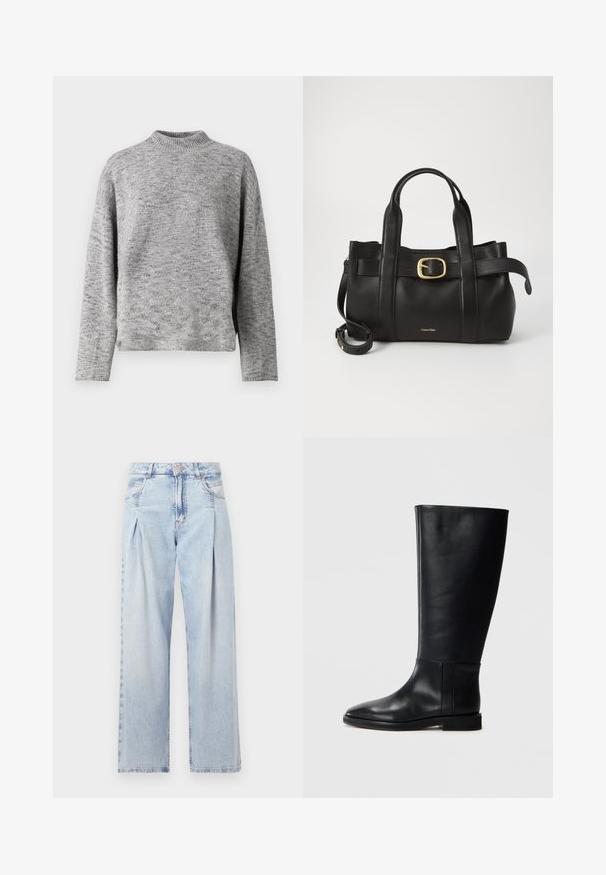 Helles graues Strickpullover mit hohem Kragen, langen Ärmeln und lockerer Passform. Strukturierter Stoff mit einem subtilen gesprenkelten Muster.; Helle blaue Denim-Jeans mit hoher Taille, weitem Beinschnitt, zwei seitlichen Taschen und gefaltetem Design. Weiche Textur mit einem ausgebleichten Finish.; Schwarze Lederstiefel bis zum Knie mit runder Zehenform, glatter Textur, minimalistischem Design und flacher Sohle. Einfache Nahtdetails am Schaft.; Schwarze Lederhandtasche mit strukturiertem Design, doppelten oberen Griffen, goldfarbenem Schnallenakzent und geprägtem Markenlogo auf der Vorderseite.