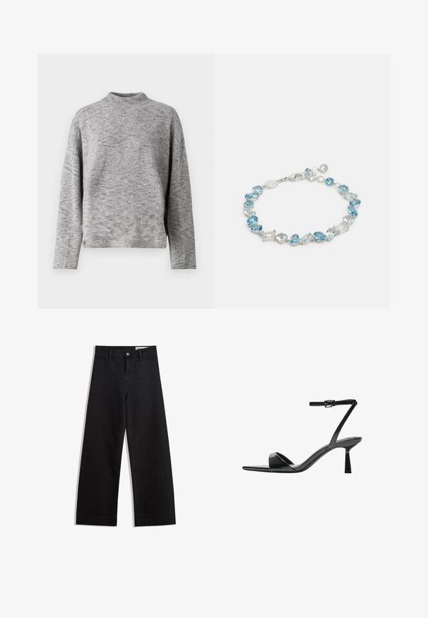 Lichtgrijze gebreide trui met een hoge hals, lange mouwen en een losse pasvorm. Gelaagd materiaal met een subtiel gespikkeld patroon.; Zwarte denim broek met wijde pijpen en een hoge taille, voorzien van voor- en achterzakken, gestikte naden en een knoopsluiting. Gladde textuur.; Bershka Sandalen met hoge hak - black; Zilverkleurige armband met blauwe en heldere edelstenen in verschillende vormen, waaronder ovaal en rechthoekig, die met een karabijnsluiting aan elkaar zijn verbonden.