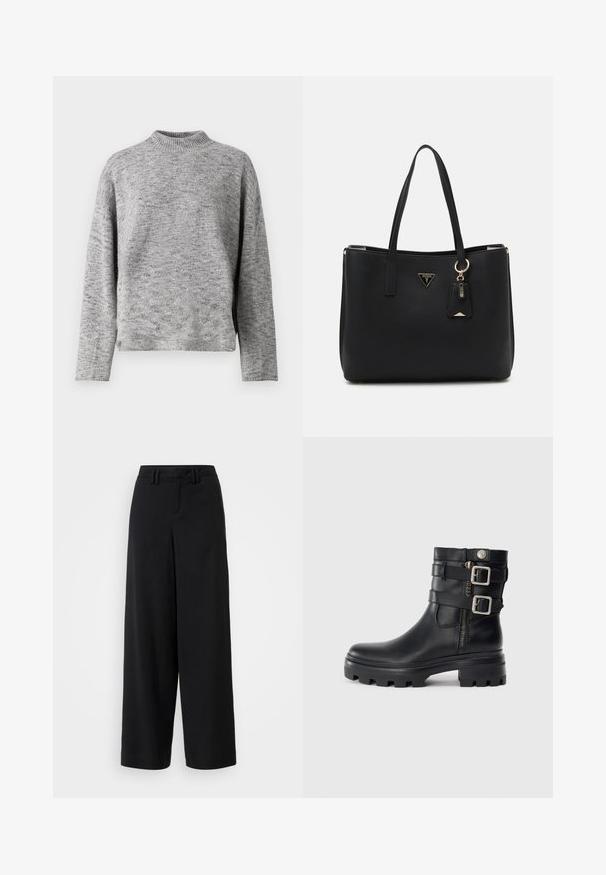 Maglione lavorato a maglia grigio chiaro con collo alto, maniche lunghe e vestibilità rilassata. Tessuto testurizzato con un sottile motivo a puntini.; Pantaloni neri a gamba larga realizzati in tessuto morbido, con un design a vita piatta, dettagli plissettati e passanti per cintura in vita.; Stivale alla caviglia in pelle nera con doppi dettagli a fibbia, chiusura con zip, suola spessa e superficie liscia. Presenta un design robusto e alla moda.; Borsa tote nera realizzata in materiale sintetico testurizzato, dotata di due manici, una placca con logo dorato e un piccolo cartellino con un dettaglio di accentuazione.