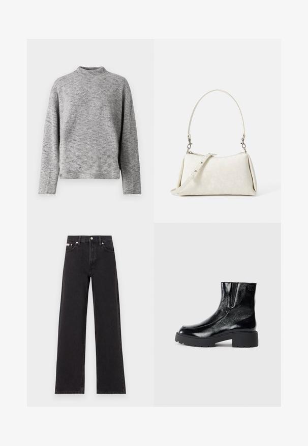 Lichtgrijze gebreide trui met een hoge hals, lange mouwen en een losse pasvorm. Gelaagd materiaal met een subtiel gespikkeld patroon.; Zwarte wijde spijkerbroeken van denim, met een hoge taille, vijf-pocket stijl en een metalen knoopsluiting met contrasterende stiksels.; Zwarte enkellaarsjes met een glanzende lakleren afwerking, chunky zwarte rubberen zool en verhoogde hak; inclusief subtiele logo-detail aan de zijkant.; Witte handtas met een gladde textuur, gebogen silhouet en verstelbare schouderriem. Voorzien van een subtiel logo-patroon en zilveren hardware-accenten.