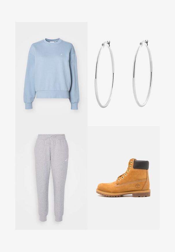 Carhartt WIP CASEY - Sweatshirt - frosted blue/silver; Hellgraue Sweatpants mit einem Kordelzug in der Taille, schmal zulaufenden Beinen und einem kleinen weißen Logo am linken Oberschenkel. Hergestellt aus einem weichen, strukturierten Stoff.; Braune Leder-Stiefelette mit schwarzer Polsterung, goldenen Ösen und einer strukturierten Sohle. Hat ein kreisförmiges Logo an der Seite und Nähakzente.; Silberne Creolen mit einer glatten, polierten Oberfläche und einer dünnen, runden Form. Das Design verfügt über einen sicheren Verschluss.