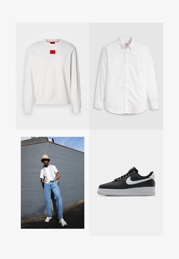 HUGO DIRAGOL - Bluză de molton - natur; Levi's® AUTHENTIC BUTTON DOWN - Cămașă - bright white; Cămașă albă cu mânecă scurtă, cu dungi gri deschis, blugi de denim albastri și teniși albi, pe fondul unui perete gri, sub un cer senin albastru.; Sneaker din piele neagră, cu o suprafață texturată, swoosh alb de la Nike, talpă gri, bot rotund și sistem de șireturi. Prezintă perforații în zona vârfului.