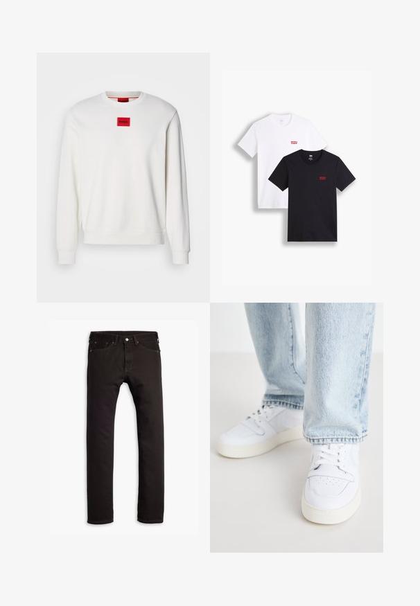 HUGO DIRAGOL - Sweatshirt - natur; Zwei kurzärmlige T-Shirts: eines in Weiß und eines in Schwarz. Beide aus Baumwolle mit einem roten Levi's-Logo auf der Brust. Einfaches Rundhals-Design.; Schwarze schmal geschnittene Jeans mit fünf Taschen und Knopfschluss, flach auf einem weißen Hintergrund präsentiert.; Weiße Leder-Low-Top-Sneaker mit perforierter Zehenpartie, flachen Schnürsenkeln und minimalistischem Design. Kombiniert mit hellblauen Jeans.