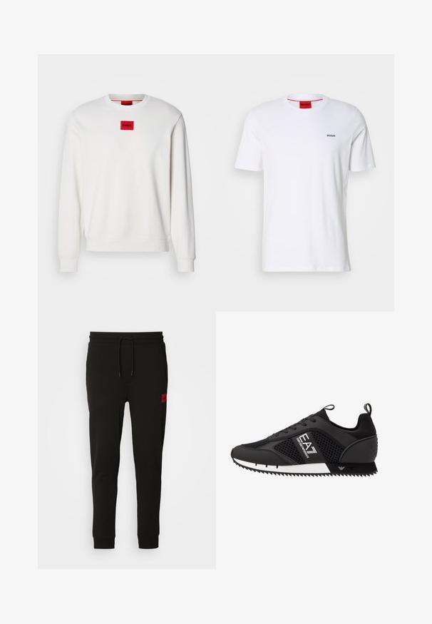 HUGO DIRAGOL - Felpa - natur; T-shirt bianco in cotone con maniche corte, scollatura rotonda e piccolo logo nero "HUGO" sul lato sinistro del petto. Presenta un'etichetta interna rossa.; Pantaloni felpati neri realizzati in tessuto morbido, con vita regolabile tramite cordoncino, vestibilità slim e una patch rossa con logo sulla coscia sinistra.; EA7 Emporio Armani Sneakers basse - black/white