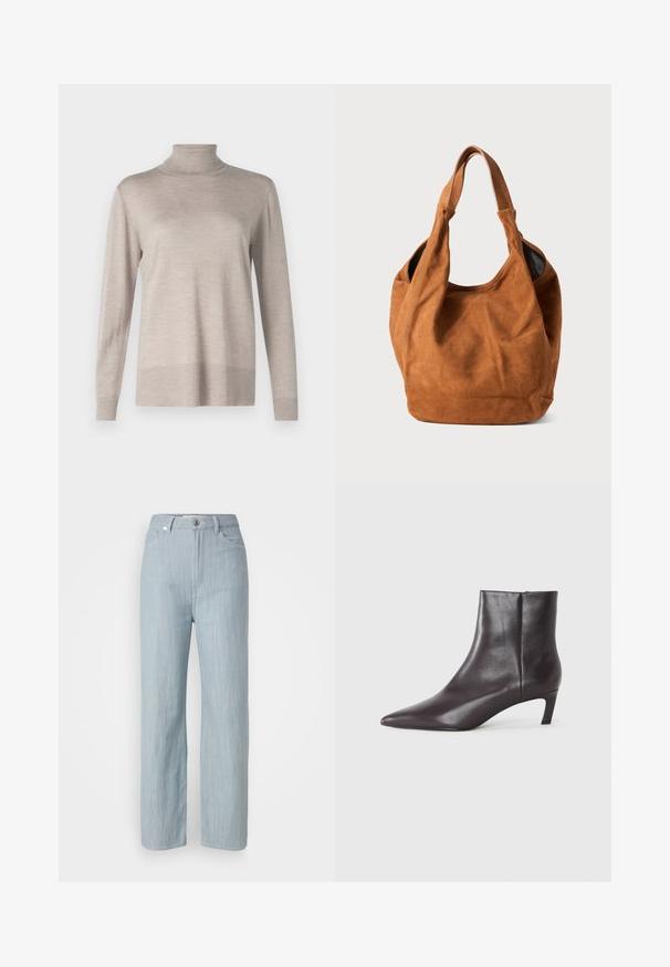 Bēšas krāsas turtlenecks džemperis, izgatavots no mīkstas adīšanas auduma. Tam ir garas piedurknes, ribotas aproces un pieguļošs apkakle ar gludu tekstūru.; Gaiši zilas taisnas kājas džinsi, izgatavoti no džinsa auduma. Iezīmē piecas kabatas, metāla pogu aizdari un smalku nodilumu tekstūrai.; Melna ādas potītes zābaks ar norādītu purngalu un zemu kaķēnu papēdi, gluda apdare, sānu rāvējslēdzis, rādīts neitrālā fona.; Brūna zamša plecu soma ar maigu tekstūru, izliekta forma un divi rokturi. Iezīmē minimālistisku dizainu bez redzamām detaļām vai akcentiem.