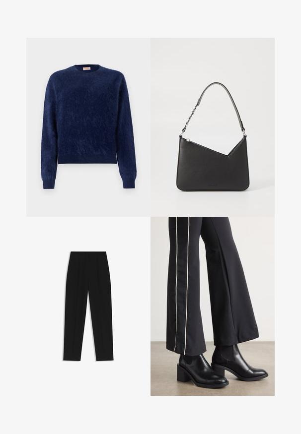 FROM FUTURE HAIRY - Maglione - navy; Pantaloni neri a taglio dritto, con doppie pieghe, una texture liscia e un design classico in vita. Nessun hardware o dettaglio visibile.; Stivaletti in pelle nera con tacco a blocco, dotati di pannelli elastici sui lati. Abbinati a pantaloni neri con una striscia bianca laterale.; Borsa a mano in pelle nera con forma triangolare, una tracolla sottile e accessori in argento. Presenta una chiusura con zip e un logo impresso sul davanti.