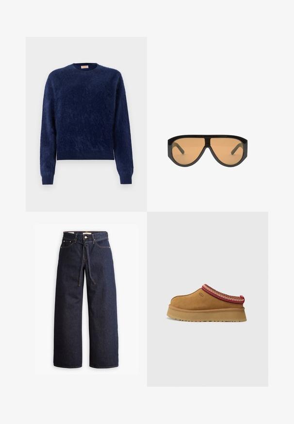 FROM FUTURE HAIRY - Strickpullover - navy; Weite, dunkelblaue Jeans aus Denim mit hoher Taille, ausgestattet mit einem Kordelzug, fünf Taschen und kontrastierenden Nähdetails.; Braune Wildleder-Slipper mit rot-creamfarbenem gemusterten Besatz, strukturiertem Absatz und UGG-Logo an der Seite. Verfügt über eine leichte Plattformhöhe.; Schwarze übergroße Sonnenbrille mit braunen Gläsern, mit breiten, kantigen Rahmen und geraden Bügeln. Glatte, glänzende Oberfläche, minimalistische Hardware.; Dunkelbraune Lederhandtasche mit zwei oberen Griffen, goldenen Hardware-Akzenten, einem Frontverschluss und gesteppten Texturen an den Seiten.