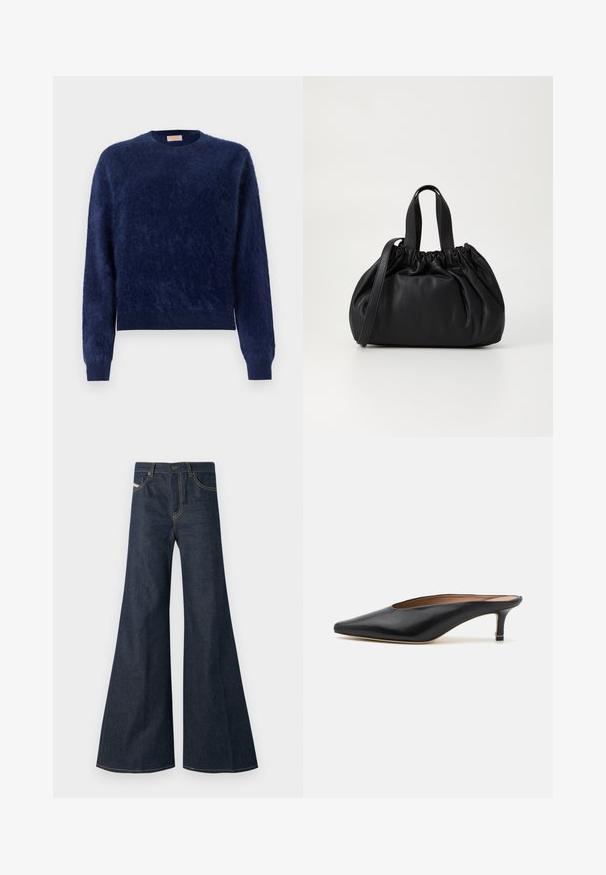 FROM FUTURE HAIRY - Pullover - navy; Jean flare bleu foncé en denim, avec taille haute, accents de surpiqûre dorée, et deux poches avant avec fermeture à bouton.; Mules en cuir noir avec un bout pointu et un petit talon carré. Texture lisse avec un design épuré. Dos ouvert avec un minimum de détails.; Sac à main en cuir noir avec un design à haut froncé, doté de deux poignées courtes et d'une bandoulière longue et réglable. Texture lisse, forme arrondie.