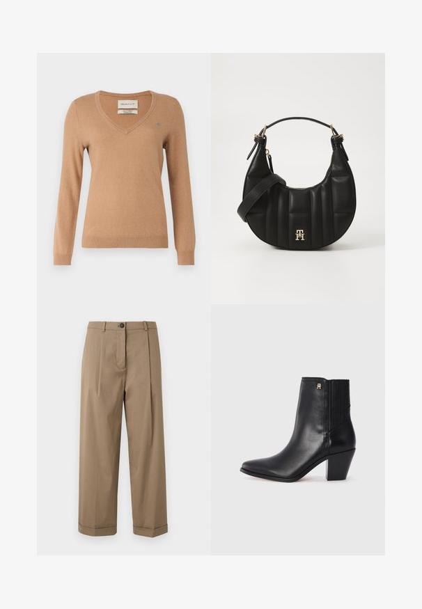 Rudas megztinis, pagamintas iš minkštos medžiagos, su V formos iškirpte, ilgomis rankovėmis ir mažą logotipą kairėje krūtinės pusėje. Lygus paviršius ir prigludęs dizainas.; Rudos, plačių kojų kelnes su lygiu priekiu, raukšlėmis, mygtuko uždarymu ir apverčiamomis kraštinėmis, pagamintos iš lygaus audinio.; Juodos odinės kulkšninių batų su smailiu nosimi, elastiniais šonais ir kvadratiniu kulnu. Yra mažas auksinis logotipas.; Juodas odinis rankinukas, su išlenkta forma, siuvinėta tekstūra ir auksiniais akcentais. Pasižymi nuimamu peties diržu ir logotipo detale.