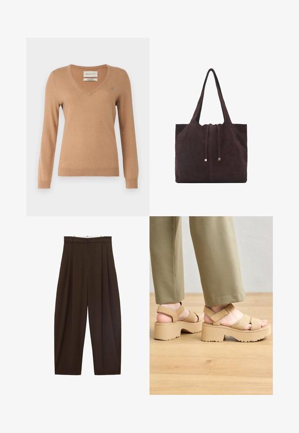 Brązowy sweter z miękkiego materiału, z dekoltem w kształcie litery V, długimi rękawami i małym logo na lewej piersi. Gładka struktura i dopasowany fason.; Brązowe spodnie z wysokim stanem z zakładkami, wykonane z gładkiego materiału. Luźny krój, prosta nogawka, z różkami na pasek i suwakiem.; Beżowe zamszowe sandały na platformie z szerokimi paskami i masywną podeszwą. Posiadają regulowany pasek z tyłu oraz teksturowaną podeszwę dla lepszej przyczepności.; Mango - Torba na zakupy