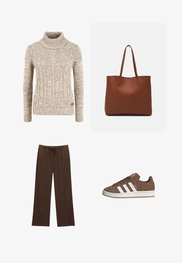 Bežový sveter s pleteninou a vysokým rolákom, so zúženými manžetami a spodným lemom. Obsahuje malú hnedú nálepku na dolnej strane. Mäkkučký materiál.; Hnedé nohavice s širokými nohavicami vyrobené z mäkkej tkaniny, so sťahovacím pásom a dvomi bočnými vreckami.; Hnedé semišové tenisky s bielymi koženými pruhmi, gumovou podrážkou, okrúhlou špičkou a šnurovaním. Obsahujú logo na jazyku a perforované akcenty.; Hnedá kožená taška na rameno s hladkou textúrou, otvoreným vrchom a dvoma ramenými popruhmi. Má minimálne šitia a žiadne viditeľné kovania.