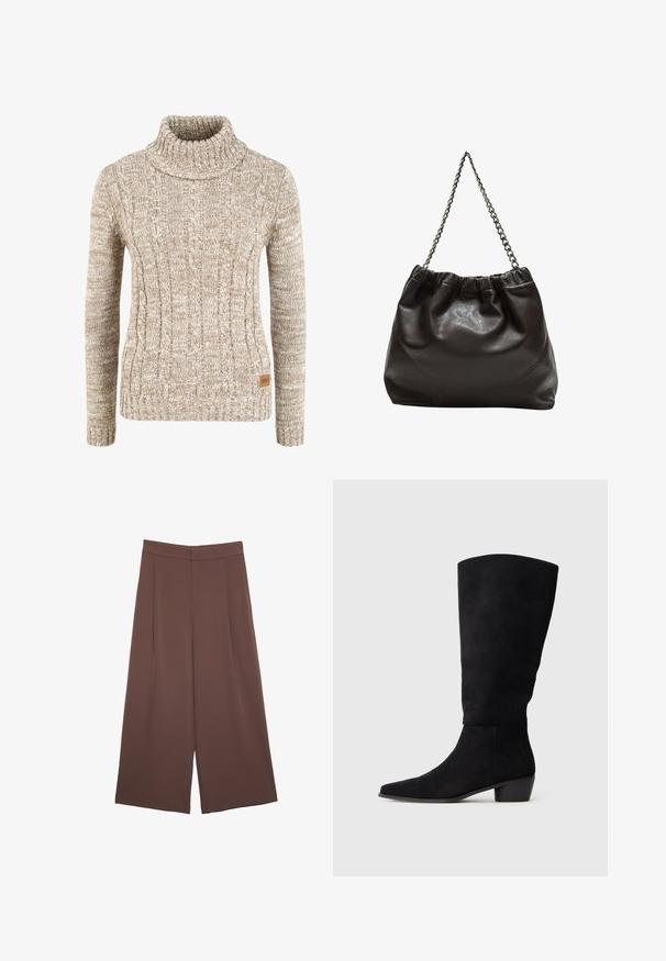 Maglione beige a maglia con collo alto, polsini e orlo a coste. Presenta una piccola etichetta marrone sul lato inferiore. Texture morbida.; Pantaloni ampi marroni con una texture liscia, caratterizzati da una vita alta e pieghe frontali. Il tessuto è leggero e scorre liberamente.; Stivale nero in suede alto fino al ginocchio con tacco basso e punta affusolata, presentato in vista laterale su uno sfondo grigio chiaro uniforme.; Borsa in pelle marrone con parte superiore arricciata e tracolla a catena. Texture liscia con finitura lucida e dettagli di cucitura sottili sui lati.