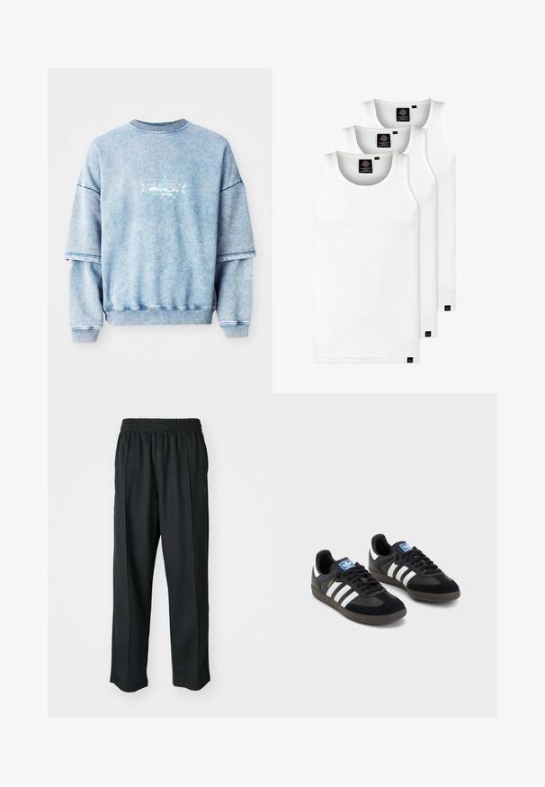 Modrá bavlněná mikina s kapkami na ramenou, žebrovaným výstřihem a vyšitými detaily. Má volný střih a strukturovanou tkaninu.; Tři bílé žebrované tílka vyrobené z bavlny. Mají kulatý výstřih a malé černé štítky poblíž lemu. Dostupné v několika velikostech.; Černé sportovní kalhoty s elastickým pasem, vyrobené z hladké látky, s jemným bočním švem a pohodlným střihem, rovný střih nohavic.; Černé tenisky s vrškem z semiše a syntetického materiálu, s třemi bílými pruhy, texturovanou gumovou podrážkou a modrou nášivkou loga na jazyku.