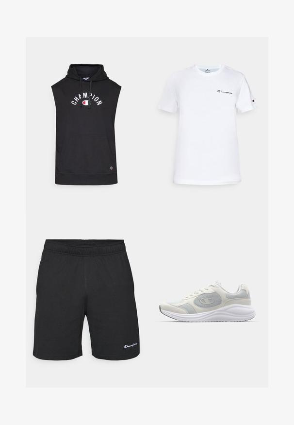 Camisola com capuz sem mangas, preta, com bolso frontal, apresentando o logótipo "CHAMPION" em texto branco. Feita de tecido macio com capuz ajustável por cordão.; T-shirt de algodão branco com decote redondo, mangas curtas e um logótipo "Champion" bordado a preto no peito e como detalhe na manga.; Calções atléticos pretos com um cós elástico, feitos de um tecido macio, apresentando um pequeno logótipo branco no lado inferior esquerdo.; Shoe atlético branco com acentos cinza claro, materiais de malha e camurça, bico arredondado, sola texturizada e logotipo de marca visível na lateral.