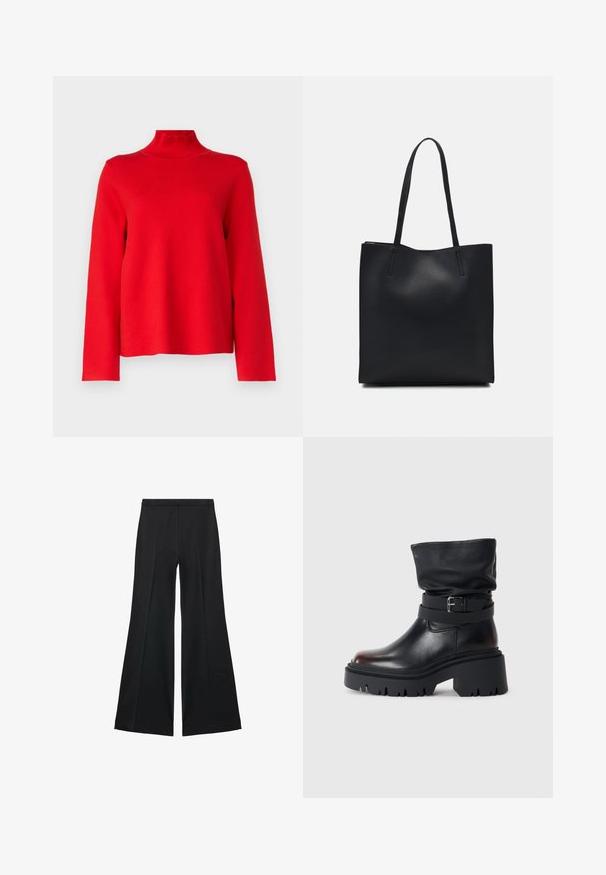 Object OBJREYNARD HIGH NECK - Jumper - flame scarlet; Black wide-leg pants with a smooth texture, featuring front pleats and a tailored design. The fabric is lightweight and flowy.; Black leather ankle boot with a slouchy upper, buckle detail, and thick, rugged sole. Features a round toe and smooth texture.; Black leather tote bag with smooth texture, rectangular shape, and two long handles. No visible hardware or embellishments.