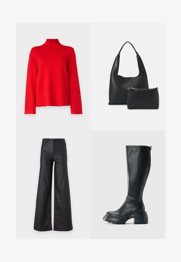 Object OBJREYNARD HIGH NECK - Jersey de punto - flame scarlet; Pantalones de pierna ancha en material de cuero sintético. Presentan una cintura alta, trabillas para cinturón, dos bolsillos delanteros y detalles de costura.; Bota alta de cuero negro con suela de plataforma gruesa y tacón cuadrado, que cuenta con una lengüeta y un relieve texturizado en la suela exterior.; Even&Odd Bolso de mano - black