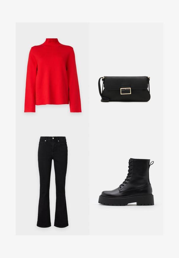 Object OBJREYNARD HIGH NECK - Maglione - flame scarlet; Jeans neri a gamba svasata in denim, con vita media, tasche frontali e chiusura a bottone. Texture liscia con dettagli di cucitura minimi.; Stivaletti in pelle nera alla caviglia con punta rotonda, lace-up frontale e suola in gomma spessa con battistrada textured. Tassello sul retro.; Borsa a mano in pelle nera con patta e dettaglio in metallo dorato. Include una tracolla nera e un design elegante e minimalista.