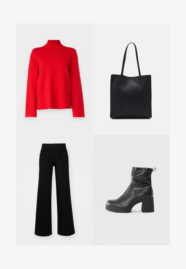 Object OBJREYNARD HIGH NECK - Svetr - flame scarlet; Černé široké kalhoty vyrobené z denimu, s pevným pasem, poutky na opasek a předními kapsami. Hladká textura s klasickým designem.; Černé kotníkové boty vyrobené z hladké kůže, s bočním zipem, robustním strukturovaným podpatkem a kulatou špičkou.; Černá kožená taška přes rameno s hladkým povrchem, obdélníkovým tvarem a dvěma dlouhými uchy. Žádné viditelné kování ani ozdoby.