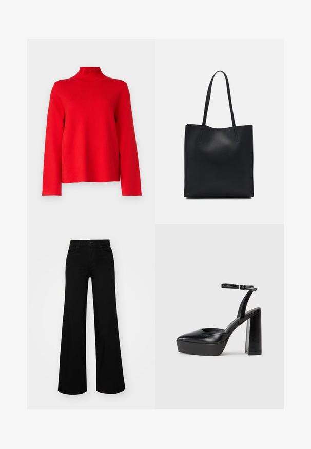 Object OBJREYNARD HIGH NECK - Strickpullover - flame scarlet; Schwarze weit geschnittene Hose aus Denim, mit einem strukturierten Bund, Gürtelschlaufen und Fronttaschen. Glatte Textur mit klassischem Design.; Schwarze Plateau-High Heels mit spitzem Zeh und verstellbarem Knöchelriemen. Gefertigt aus glattem Leder und mit einem klobigen Blockabsatz.; Schwarze Laptoptasche aus Leder mit glatter Textur, rechteckiger Form und zwei langen Griffen. Keine sichtbaren Beschläge oder Verzierungen.