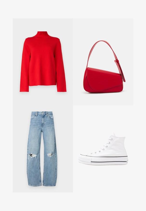 Object OBJREYNARD HIGH NECK - Pulover - flame scarlet; Jeans de denim, de un bleu deschis, cu talie înaltă. Au picioare late, două zone rupte la genunchi și un stil clasic cu cinci buzunare.; Adidași albi tip pantofi sport cu glezna din pânză, cu talpă din cauciuc negru, capac de vârf din cauciuc frontal și șase ochiuri pentru șireturi, având un design curat și minimalist.; Geantă de mână din piele roșie, cu un design unghiular și geometric. Dispune de o singură curea ajustabilă și un sistem de închidere cu clapetă, cu detalii cusute.