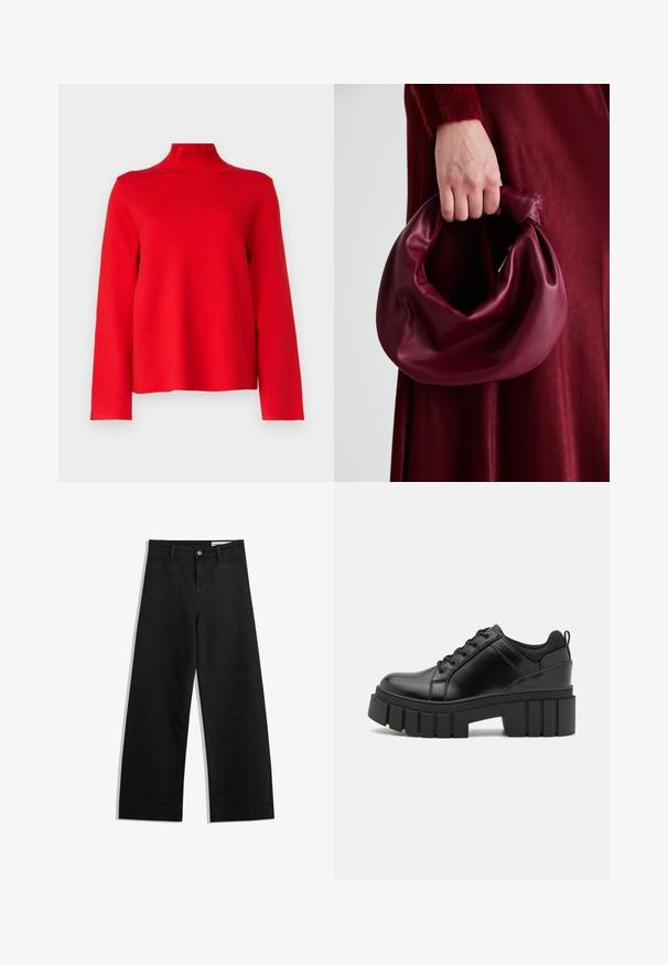 Object OBJREYNARD HIGH NECK - Strickpullover - flame scarlet; Schwarze weit geschnittene Jeans mit hoher Taille, ausgestattet mit Vorder- und Hintertaschen, gesteppten Nähten und einem Knopfverschluss. Glatte Textur.; Schwarze Lederplateauschuhe mit klobigem Blockabsatz, runder Zehenpartie und traditionellem Schnürdesign. Verfügt über eine glatte Textur und minimale Details.; Burgunderleder-Handtasche mit einem weichen, gerafften Design und einer gerundeten Form. Der Griff ist gesichert und zeigt eine glatte Textur.