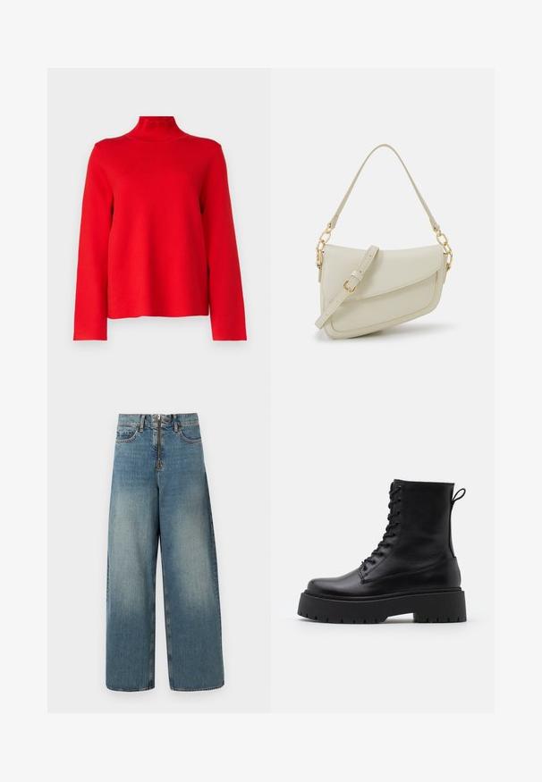 Object OBJREYNARD HIGH NECK - Džemperis - flame scarlet; Platas kājas džinsi gaisā zilo krāsā. Iespējo jostas vieta ar rāvējslēdzēju un pogu, kā arī viegla izbalēšana nodrošina nolietotu izskatu.; Melni ādas potītēm zābaki ar apļveida purngalu, auklām priekšpusē un biezu gumijas zoli ar teksturētu protektoru. Velkšanas cilpa aizmugurē.; Maza krēmkrāsas rokas soma ar teksturētu apdari, garu regulējamu siksniņu, ķēdes akcentu un vāciņa aizdari. Zelta aparatūras detaļas.; Sudraba gredzenveida auskari ar savītu dizainu, kas ir ar pulētu apdari un ar aizmugurēju fiksāciju. Izmērs ir aptuveni 3 cm diametrā.