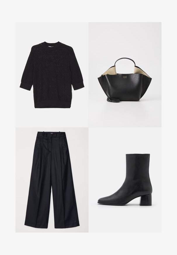 Črn pleten pulover z reliefnim cik-cak vzorcem, krojenim ovratnikom in rokavi dolžine tri četrtine z rebrastimi manšetami.; Črne široke hlače iz gladkega blaga, z visokim pasom, naborki in prirejenim dizajnom. Preprosta črna strojna oprema na pasu.; Črne usnjene gležnjarje s koničastim nosom in masivnim kvadratnim peto. Gladka tekstura z brezšivnim dizajnom in minimalnim šivanjem.; Ree Projects ANN TOTE MINI - Torbica - black