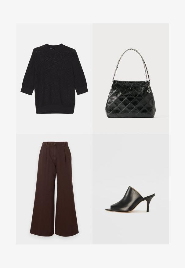 Black knit sweater featuring a textured zigzag pattern, crew neckline, and three-quarter length sleeves with ribbed cuffs.; High-waist wide-leg brown pants with button and zipper closure, belt loops, and front pleats.; Black leather open-toe mule with a sleek, curved design, high stiletto heel, and smooth texture. The interior features a contrasting light color.; Black quilted leather handbag with a silver chain handle, featuring a structured design and smooth texture.