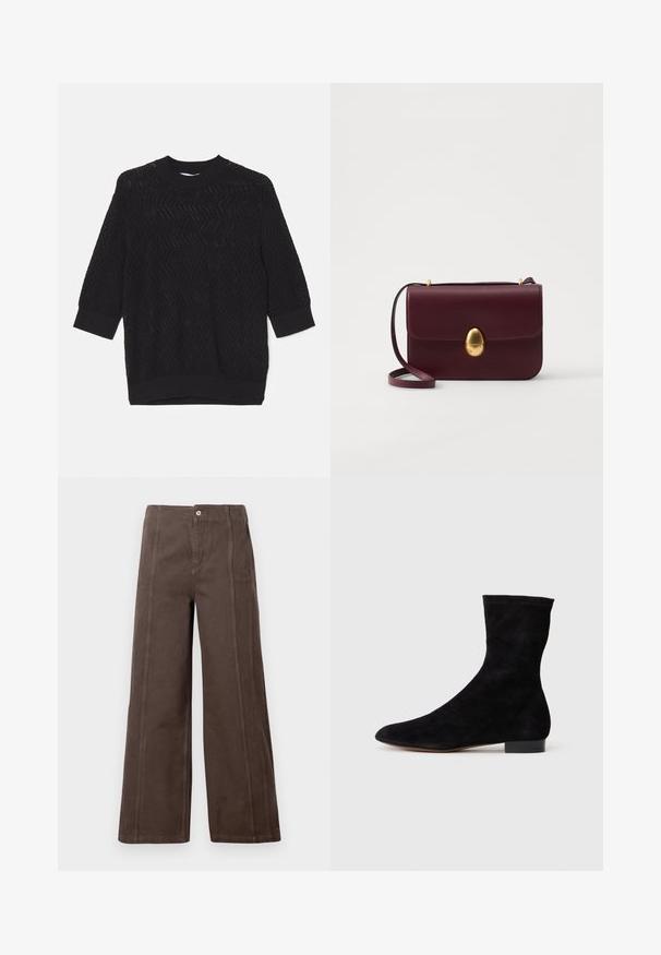Zwarte gebreide trui met een gestructureerd zigzagpatroon, ronde halslijn en driekwart mouwen met ribgebreide manchetten.; Bruine wijde broek gemaakt van soepel materiaal, met voren ingenaaide naden en een enkele metalen knoopsluiting op de tailleband.; Zwarte suède enkelboot met een aansluitende schacht, puntige neus en een lage blokhak. Gladde textuur en minimalistisch ontwerp, geschikt voor veelzijdige styling.; Bordeaux leren schoudertas met een gladde textuur, ovale gouden sluiting en een verstelbare schouderband, met een eenvoudige rechthoekige vorm.