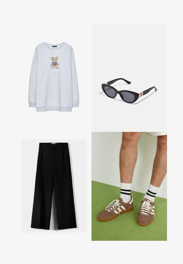 Svetlo siva dukserica s okruglim izrezom, sa izvezenim medvedom u prugastoj majici i natpisom "Ne mogu da podnesem ponedeljke" ispod.; Črne široke hlače iz lahkega materiala, z zapiranjem na gumb spredaj in ravnim sprednjim delom, s skrbno zašiti robovi.; Rjavi semiš športni čevlji z belimi detajli in vezalkami. Gumijast podplat. Nošeni z belimi nogavicami z črnimi črtami. Zelena teksturirana talna obloga.; Guess Sončna očala - shiny black; Rjava usnjena hobo torba zaobljene oblike, ki vsebuje zlatokovinske dodatke in kontrastno šivanje. V kombinaciji z denim srajco in kavbojkami.