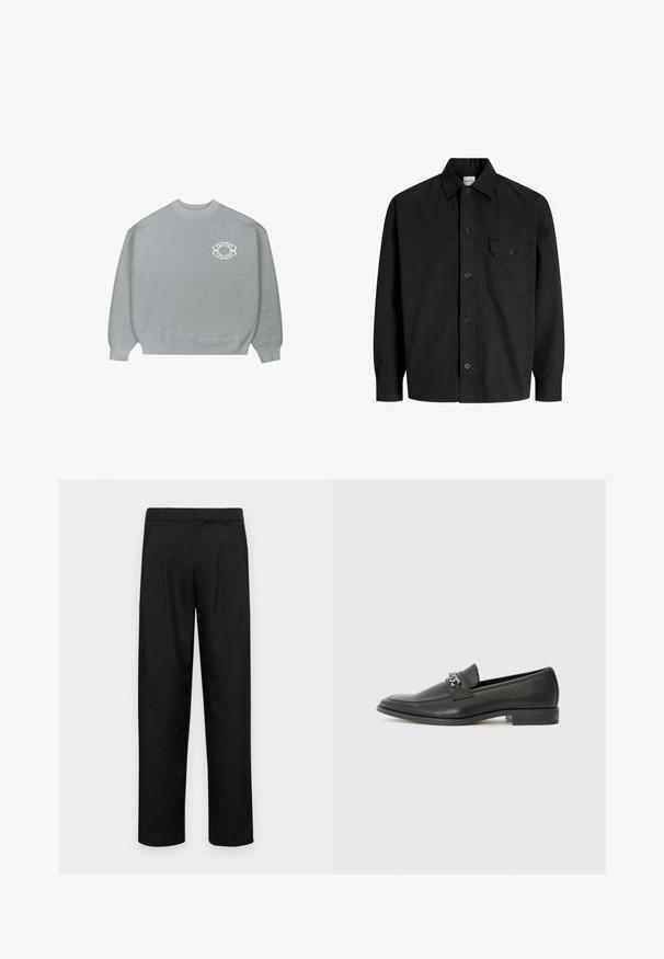 Light gray crewneck sweater with ribbed cuffs and hem, featuring a small white chain-link circular logo on the left chest.; Black long-sleeve button-up shirt with collar and single chest pocket featuring a buttoned flap.; Black trousers made of smooth fabric, featuring a straight-leg design, two front pleats, and standard waistband with belt loops.; Black leather loafer with a smooth finish, featuring a stitched design and a decorative metal chain accent across the vamp. Flat heel.