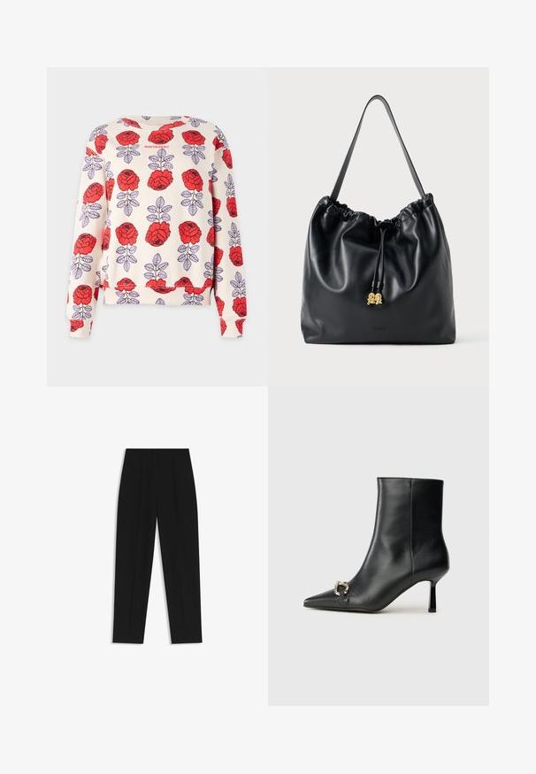 Sweatshirt made of soft fabric, featuring a cream base with red flowers and purple leaves in a repeating pattern. Crew neck and elastic cuffs.; Black trousers with a straight fit, featuring double pleats, a smooth texture, and a classic waistband design. No visible hardware or accents.; Black leather ankle boot with pointed toe, slim mid-height heel, and silver buckle detail on side against plain background.; Black leather drawstring bag with a smooth texture, gathered top, and subtle gold hardware. Features a single sturdy strap and embossed logo.