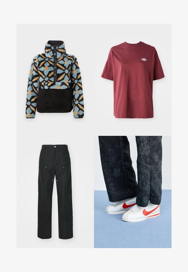 Fleece-Pullover mit hohem Kragen, ausgestattet mit einem blau-schwarz-orangen Blumenmuster, Druckknopf-Verschluss vorne und einem schwarzen strukturierten unteren Bereich.; Bordeauxrotes Baumwoll-T-Shirt mit Rundhalsausschnitt, kurzen Ärmeln und einem kleinen weißen Logo auf der linken Brust. Glatte Textur, lockere Passform.; Schwarze Hose mit geradem Bein, aus einem strukturierten Stoff. Verfügt über dekorative silberne Hardware und einzigartige Nahtdetails.; Weiße Nike-Sneaker mit roten Akzenten, kombiniert mit schwarzen Hosen, die ein florales Muster aufweisen. Die Textur ist glatt mit einer flachen geflochtenen Sohle.