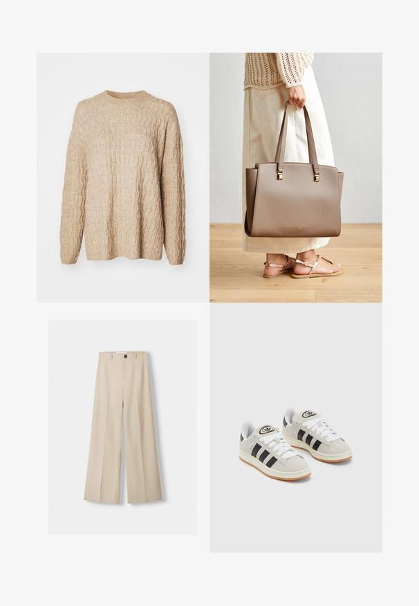 Beige kötött pulóver, texturált kábelmintával, kerek nyakkivágással és hosszú ujjakkal. Az anyag lágy és vastag.; Bézs színű, széles lábú nadrág, sima textúrával, elöl gombos záródással és két oldalsó zsebből áll. Igényes szabás és plissézett elülső rész jellemzi.; Szürke velúr sportcipők fehér fűzővel, fekete csíkokkal és fehér gumitalppal. A nyelvén kör alakú logó található, illetve a talpa színes gumi.; Barna szintetikus tote táska két hosszú füllel, négyzet alakú fém díszítésekkel és diszkrét logóval. Világos krém szoknyával és szandálokkal viselve.