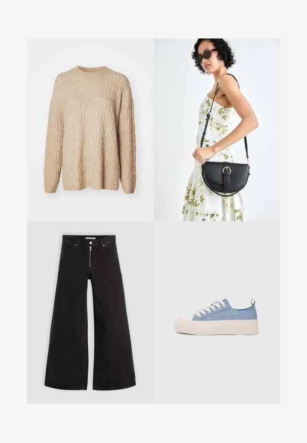 Beige knitted sweater with a textured cable design, round neckline, and long sleeves. Fabric appears soft and chunky.; Wide-leg jeans in black denim with a zippered front, five-pocket design, and subtle stitching details. Smooth texture and casual style.; Light blue canvas sneakers with a cream rubber toe cap and outsole, featuring white laces and a pull tab on the heel.; Black leather handbag with a curved shape, detachable strap, and gold hardware. The bag features a flap with a buckle detail.