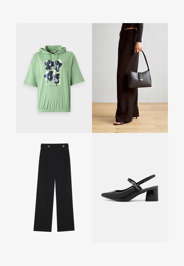 Grüne Kapuzenjacke mit kurzen Ärmeln, die auf der Vorderseite einen grafischen Druck mit dunklen Blumen und abstrakten Akzenten zeigt. Elastischer Saum.; Schwarze weite Hosen mit hoher Taille, Knopfdetails am Bund und vorderen Falten.; Schwarze Lackleder-Slingback-Absätze mit spitzer Zehenform, einem runden Ausschnitt-Design und einem Blockabsatz. Mit einem goldfarbenen Schnallenakzent.; Schwarze Handtasche mit strukturierter Form, glatter Textur und einem metallischen Verschluss. Kombiniert mit weiten schwarzen Hosen und offenen Sandalen auf einem Holzboden.