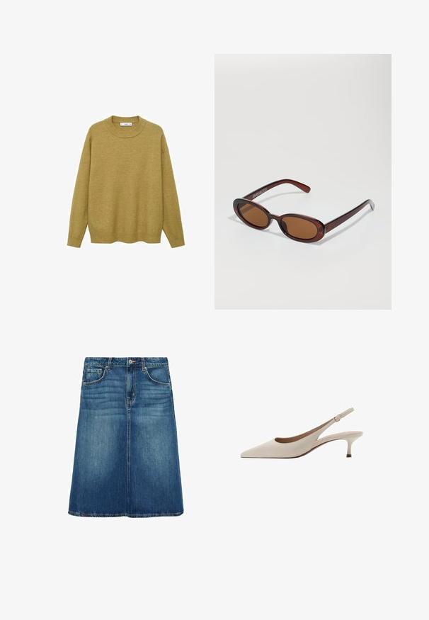 Pulover de culoare galben muștar, realizat dintr-un material moale. Are un guler rotund cu ace și mâneci lungi, cu o croială normală și un tiv drept.; Fustă de blugi de tip A-line, de culoare bleumarin deschis, cu o textură netedă, cinci buzunare și închidere cu nasture, având un tiv care se termină deasupra genunchiului.; Tocuri bej cu toc înclinare, cu vârf ascuțit și un toc jos, evazat. Fabricate din piele netedă, cu un design minimalist și curea ajustabilă.; Ochelari de soare rotunzi, cu nuanțe de brown și cu un cadru lucios de burgund. Brațe subțiri cu detalii subtile de branding. Design cu lentile plate.