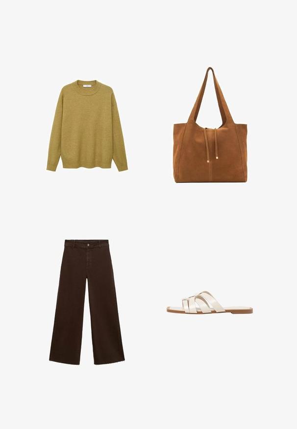 Villapaita sinapinankeltaisena, pehmeästä kankaasta valmistettu. Ominaisuuksiin kuuluu ribbatut pyöreät kaula-aukot ja pitkät hihat, joissa on normaali istuvuus ja suora helma.; Ruskeat leveät housut puuvillasekoituksesta, joissa on revitty helma, etunappikiinnitys ja perinteinen viisi-taskuinen muotoilu. Minimalistiset ja monikäyttöiset.; Tason vaaleanruskealla kumipohjalla, jossa on kolme päällekkäistä valkoista nahkaremmiä ja pieni satiininen rusetti keskellä.; Ruskea nubuk-olkalaukku, jossa on kaksi pitkää hihnaa, naru- ja minimalinen sulkemismekanismi. Tasainen pinta ja ei näkyviä metalliosia.