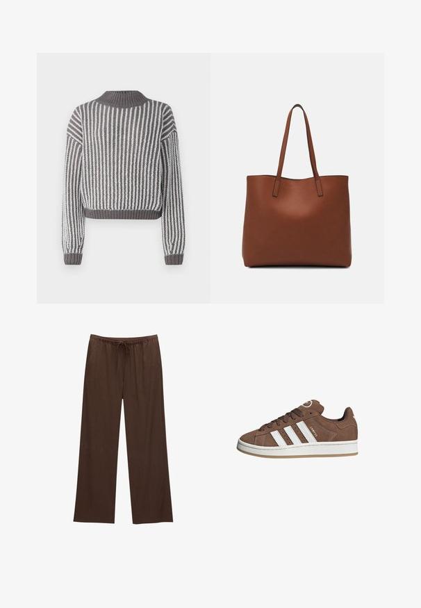 Tjockstickad tröja med vertikala ränder i grått och vitt, med hög hals och ribbade ärmavslut, vilket ger en texturerad look.; Bruna vida byxor i mjukt tyg, med resårmidja och dragsko samt två sidofickor.; Bruna mockaskor med vita läderremsor, gummisula, rund tå och snörning framtill. Har en logotyp på tungan och perforerade detaljer.; Brun läder tote-väska med en slät textur, öppen toppdesign och två axelremmar. Har minimal söm och ingen synlig metalldetalj.