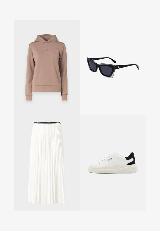 Sudadera marrón hecha de tejido suave con un bolsillo tipo canguro en la parte delantera, puños acanalados y capucha. Presenta un logotipo bordado "CK" en el pecho.; Falda blanca plisada con una cinturilla elástica negra que presenta el logotipo "LACOSTE". Diseño de longitud media con textura suave.; Zapatillas blancas de cuero con una suela blanca gruesa, acento en el talón de ante negro y logo grabado en el lateral. Diseño de cordones con seis ojales.; Gafas de sol negras de gran tamaño con una forma geométrica, que presentan lentes oscuros y un detalle gris contrastante en la montura. Logo en la pata.