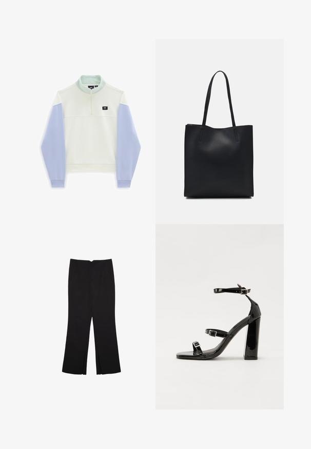 Vans - Bluza; Czarne spodnie o prostym kroju, z przednimi kieszeniami i bocznymi rozcięciami na dole. Wykonane z miękkiego, gładkiego materiału. Odpowiednie na różne okazje.; Czarne lakierowane sandały na obcasie z kwadratowym noskiem, z paskami wokół kostki i srebrnymi klamrami. Posiadają masywny słupek dla stabilności.; Czarna skórzana torba tote o gładkiej fakturze, prostokątnym kształcie i dwóch długich uchwytach. Brak widocznych elementów metalowych i ozdób.