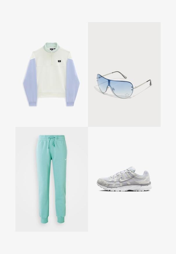 Vans HALF MOCK - Sweater - marshmallow-cosmic sky; Mintgroene sweatshirtbroek met een elastische tailleband, koord en geribde boorden. Bevat een klein wit Nike-logo op de linker bovenbeen.; Lichtgrijze sportschoenen met een bovenwerk van mesh en synthetisch materiaal, voorzien van een vetersluiting, een gevoerd kraagje en een gestructureerde zool voor grip.; Aviator zonnebril met een gradient blauwe lens, zilveren metalen frame en decoratieve sterrenaccenten op de lens. Glad en strak ontwerp.