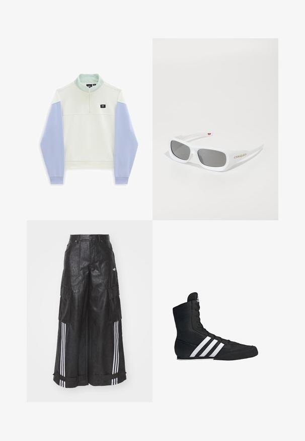 Vans HALF MOCK - Sweatshirt - marshmallow-cosmic sky; Schwarze, aus Kunstleder gefertigte, weit geschnittene Cargo-Hosen mit zwei seitlichen Taschen, weißen drei Streifen entlang der äußeren Beine und einem Knopfverschluss.; Schwarzer High-Top-Sportschuh mit einem strukturierten Stoffobermaterial, das drei weiße Streifen und ein geschnürtes Vorderdesign aufweist. Flache Gummisohle am Boden.; Weiße rechteckige Oakley-Sonnenbrille mit dunklen Gläsern, die auf einer weißen Oberfläche liegt, das Logo ist an der Seite sichtbar.